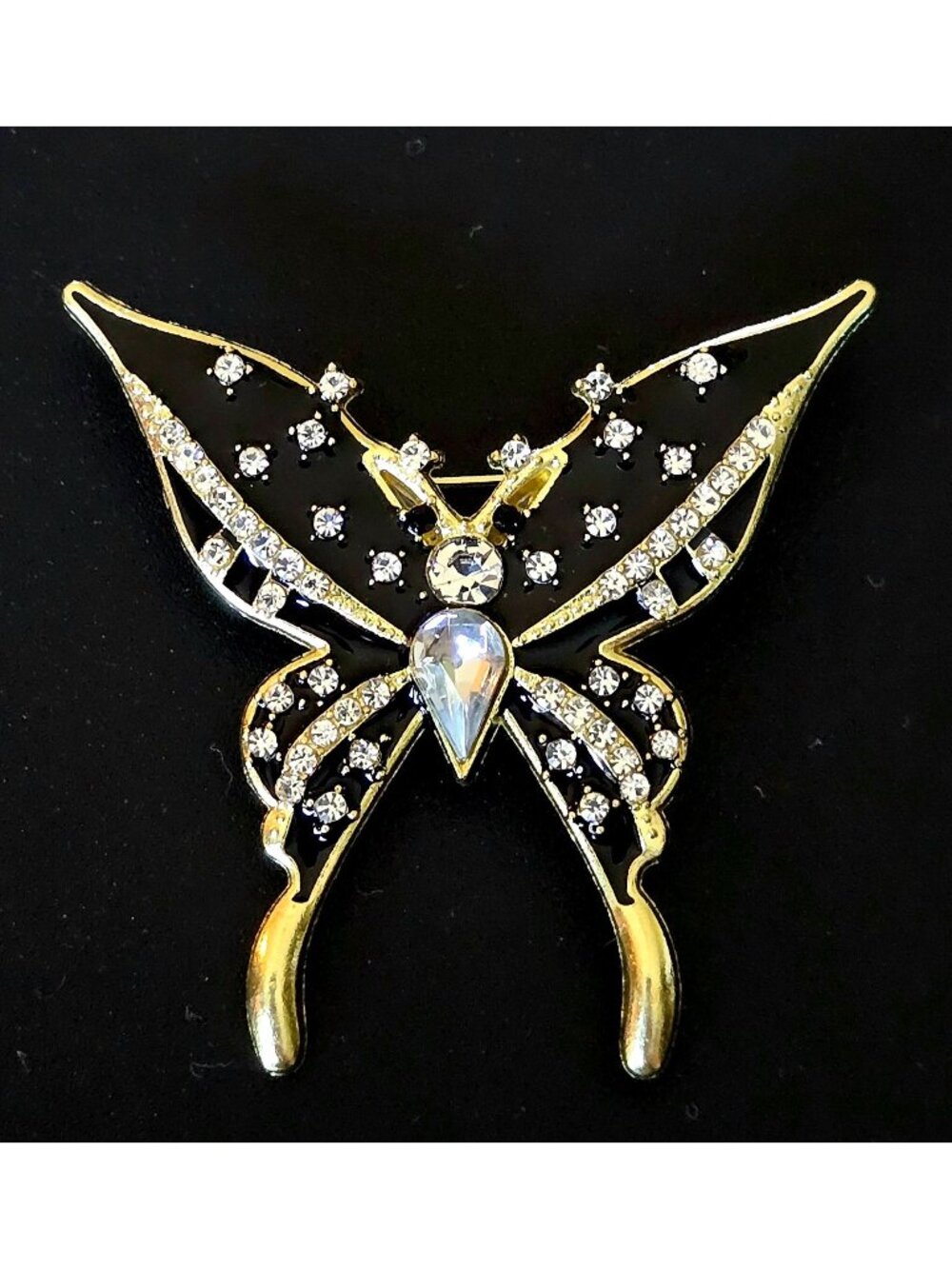 Gold & Black Butterfly Brooch With Crystals 2" Elegant